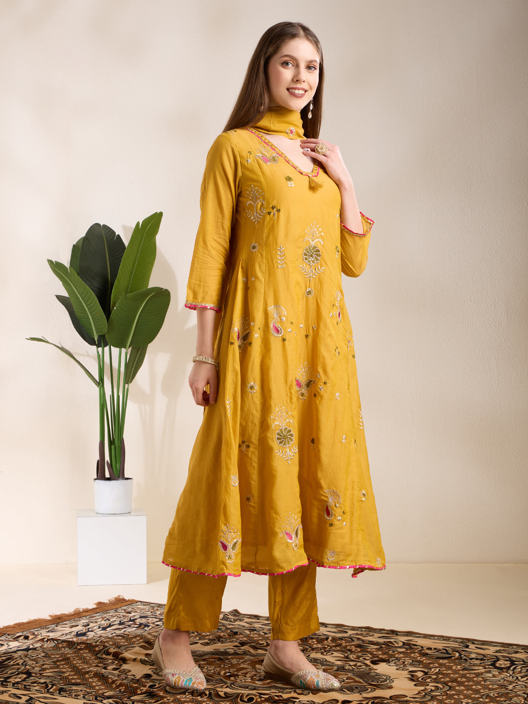 Festive Paisley Embroidered A-Line Kurta with Pant & Dupatta - Yellow