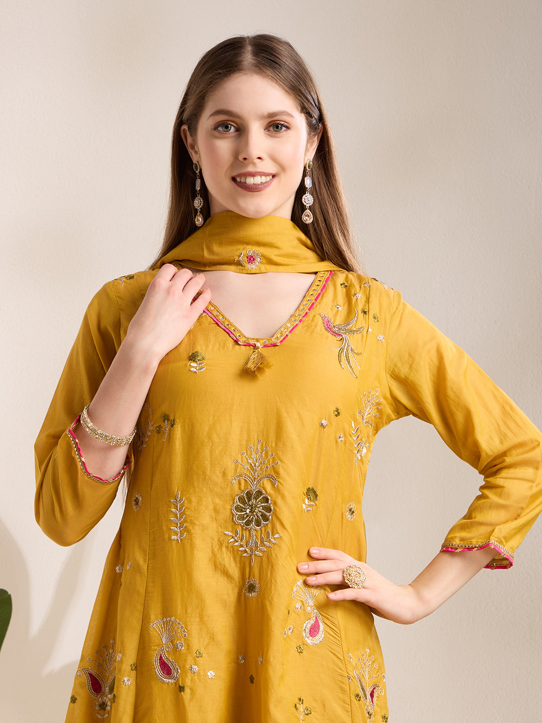 Festive Paisley Embroidered A-Line Kurta with Pant & Dupatta - Yellow