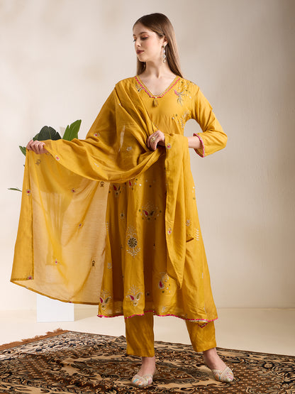 Festive Paisley Embroidered A-Line Kurta with Pant & Dupatta - Yellow