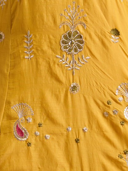 Festive Paisley Embroidered A-Line Kurta with Pant & Dupatta - Yellow