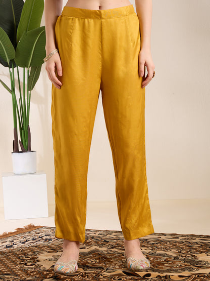 Festive Paisley Embroidered A-Line Kurta with Pant & Dupatta - Yellow