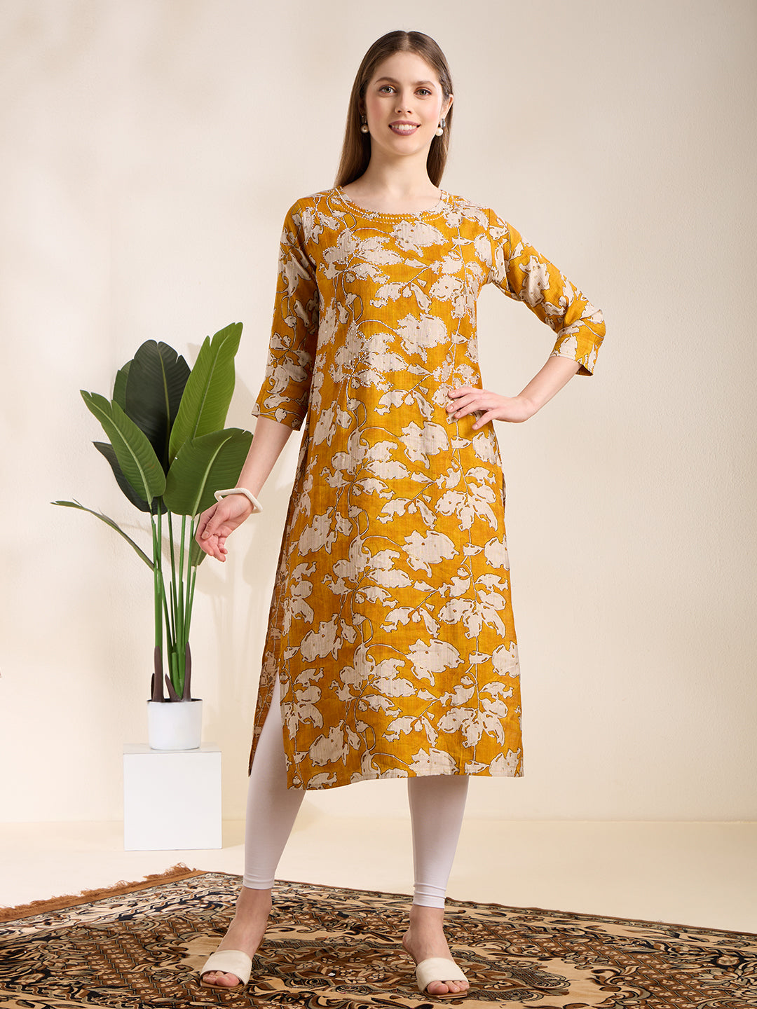 Abstract Floral Printed Straight Fit Kurta - Mustard
