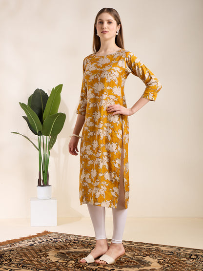 Abstract Floral Printed Straight Fit Kurta - Mustard