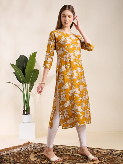Abstract Floral Printed Straight Fit Kurta - Mustard