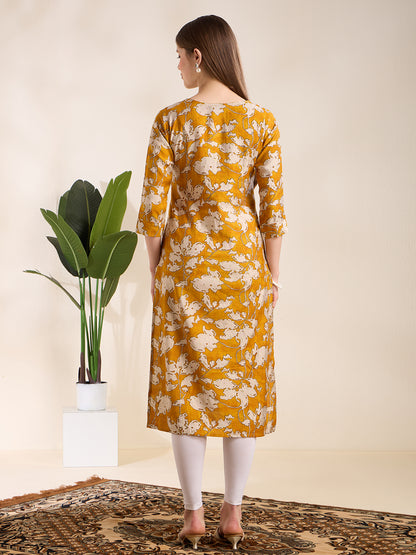 Abstract Floral Printed Straight Fit Kurta - Mustard