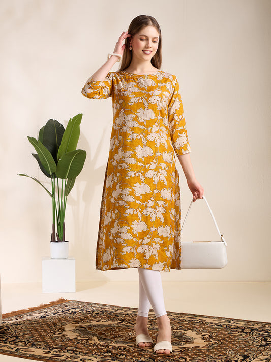 Abstract Floral Printed Straight Fit Kurta - Mustard
