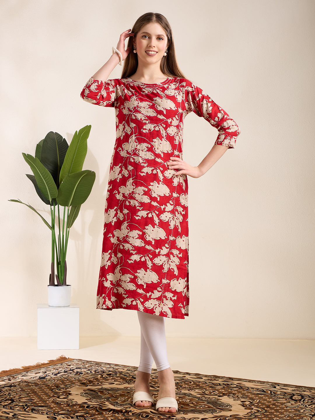 Ethnic & Floral Printed Straight Fit Kurta - Red
