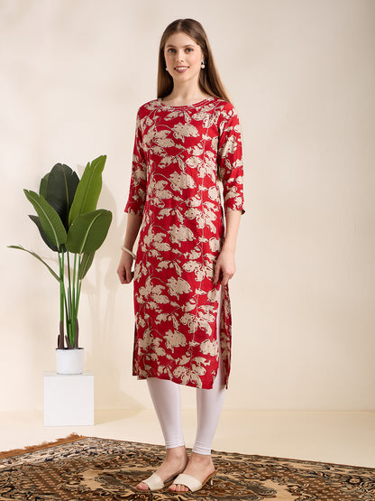 Ethnic & Floral Printed Straight Fit Kurta - Red