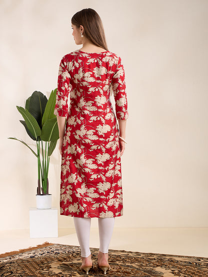 Ethnic & Floral Printed Straight Fit Kurta - Red