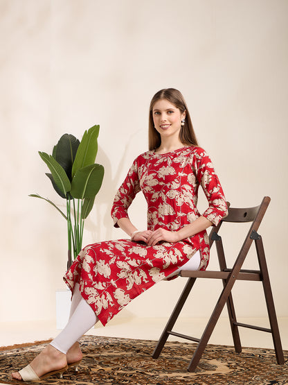 Ethnic & Floral Printed Straight Fit Kurta - Red