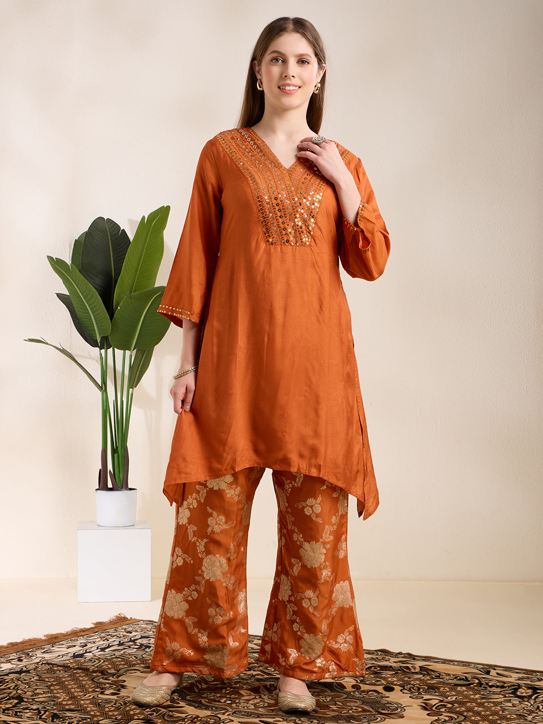 Solid Sequin Embroidered A-Line Kurta with Brocade Palazzo - Orange