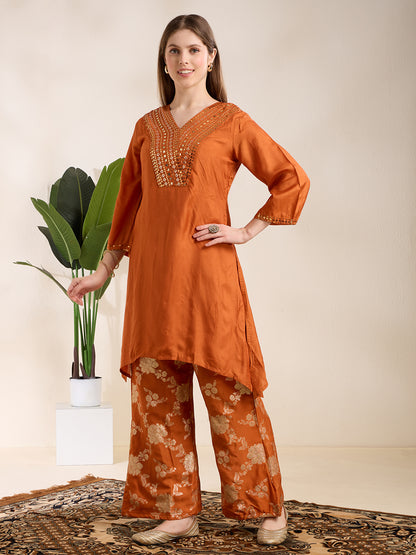 Solid Sequin Embroidered A-Line Kurta with Brocade Palazzo - Orange