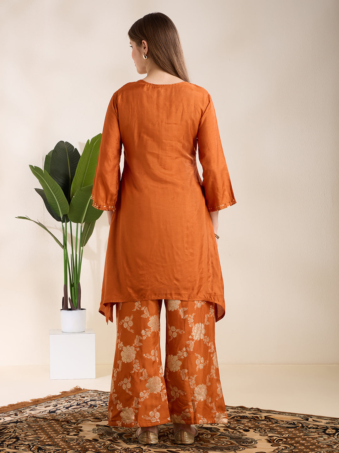 Solid Sequin Embroidered A-Line Kurta with Brocade Palazzo - Orange