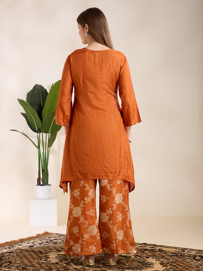 Solid Sequin Embroidered A-Line Kurta with Brocade Palazzo - Orange