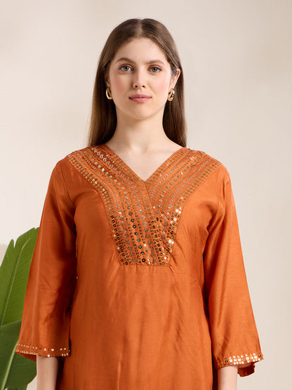 Solid Sequin Embroidered A-Line Kurta with Brocade Palazzo - Orange