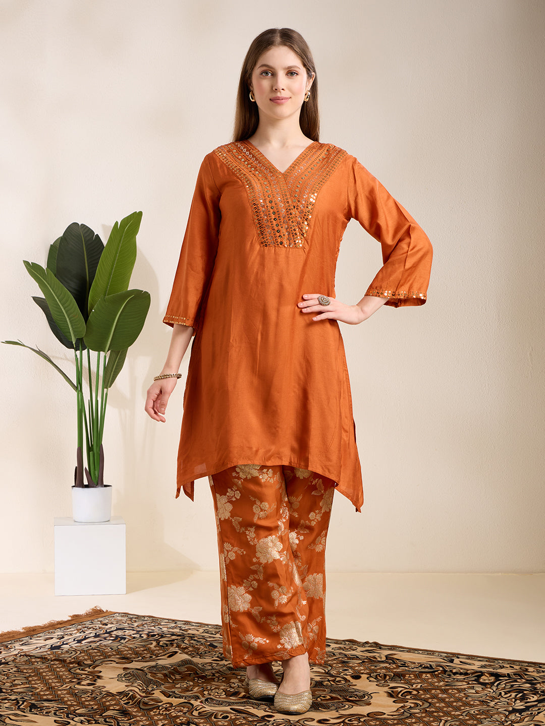 Solid Sequin Embroidered A-Line Kurta with Brocade Palazzo - Orange