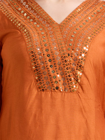 Solid Sequin Embroidered A-Line Kurta with Brocade Palazzo - Orange