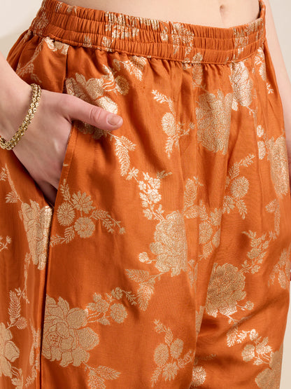 Solid Sequin Embroidered A-Line Kurta with Brocade Palazzo - Orange