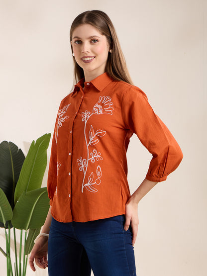 Solid Abstract Floral Straight Fit Shirt - Rust