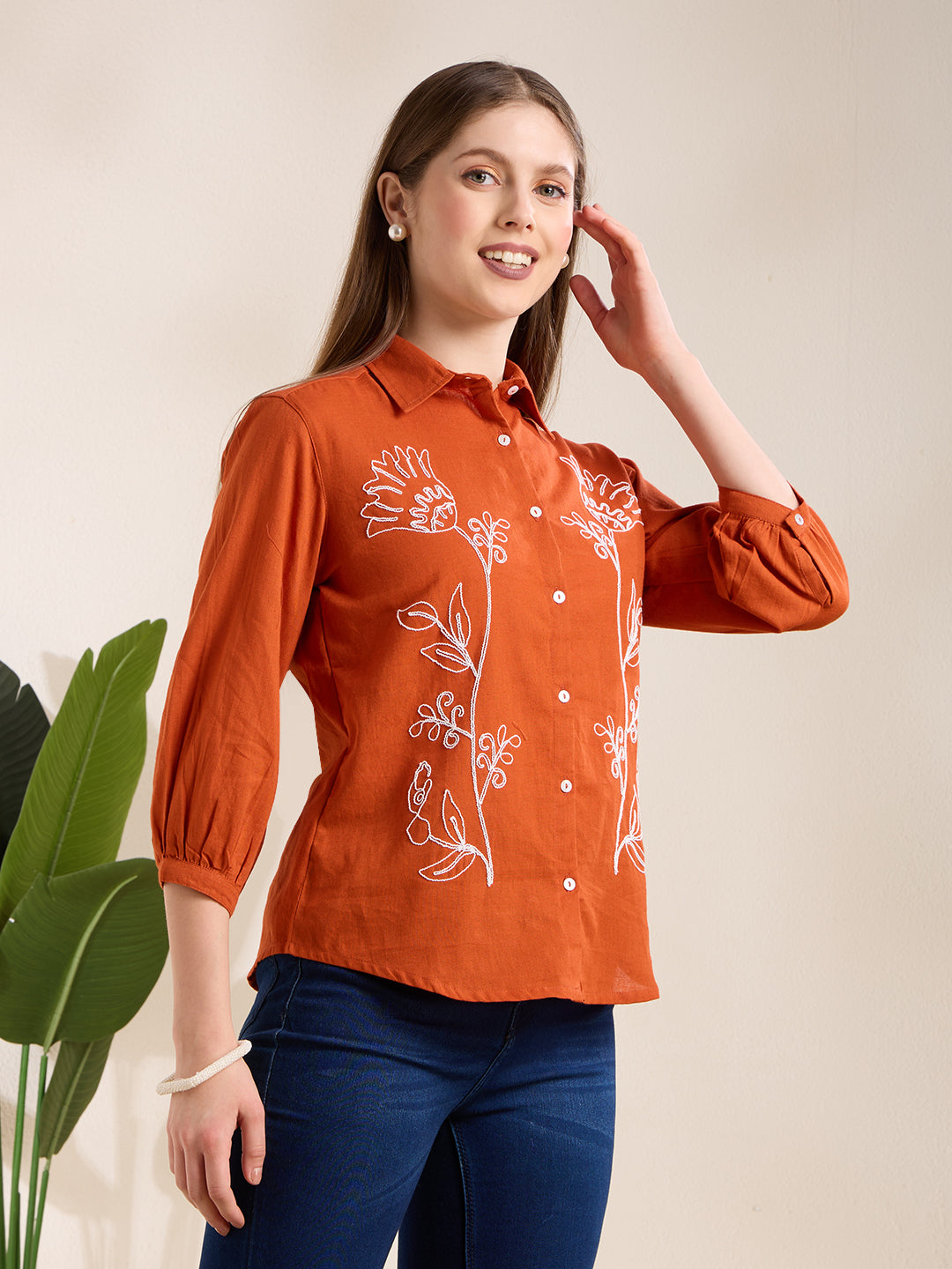 Solid Abstract Floral Straight Fit Shirt - Rust