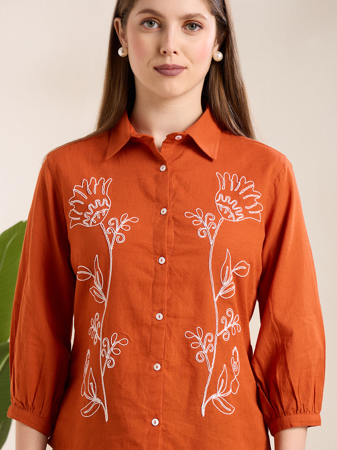 Solid Abstract Floral Straight Fit Shirt - Rust