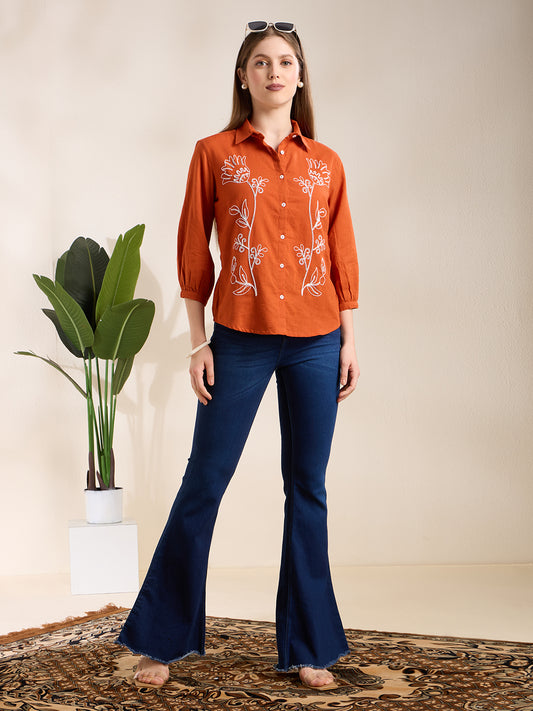 Solid Abstract Floral Straight Fit Shirt - Rust
