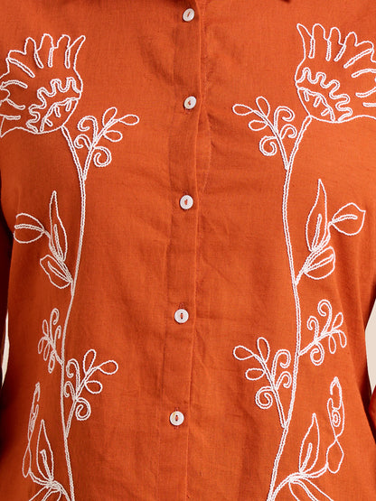 Solid Abstract Floral Straight Fit Shirt - Rust