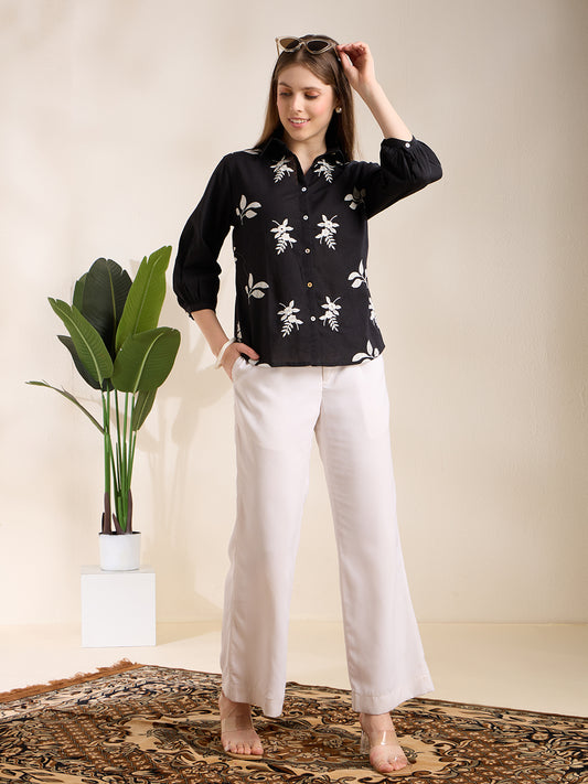 Solid Abstract Floral Straight Fit Shirt - Black