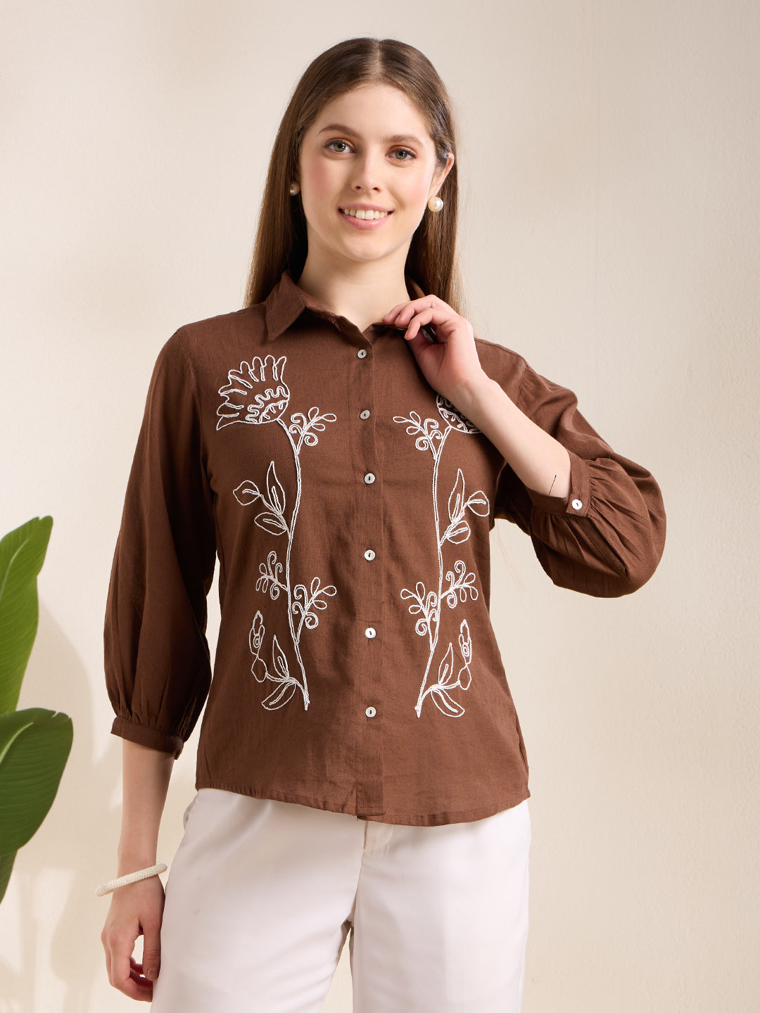 Solid Abstract Floral Straight Fit Shirt - Brown