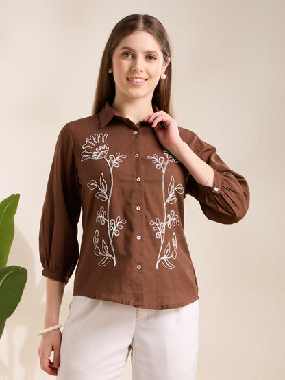 Solid Abstract Floral Straight Fit Shirt - Brown