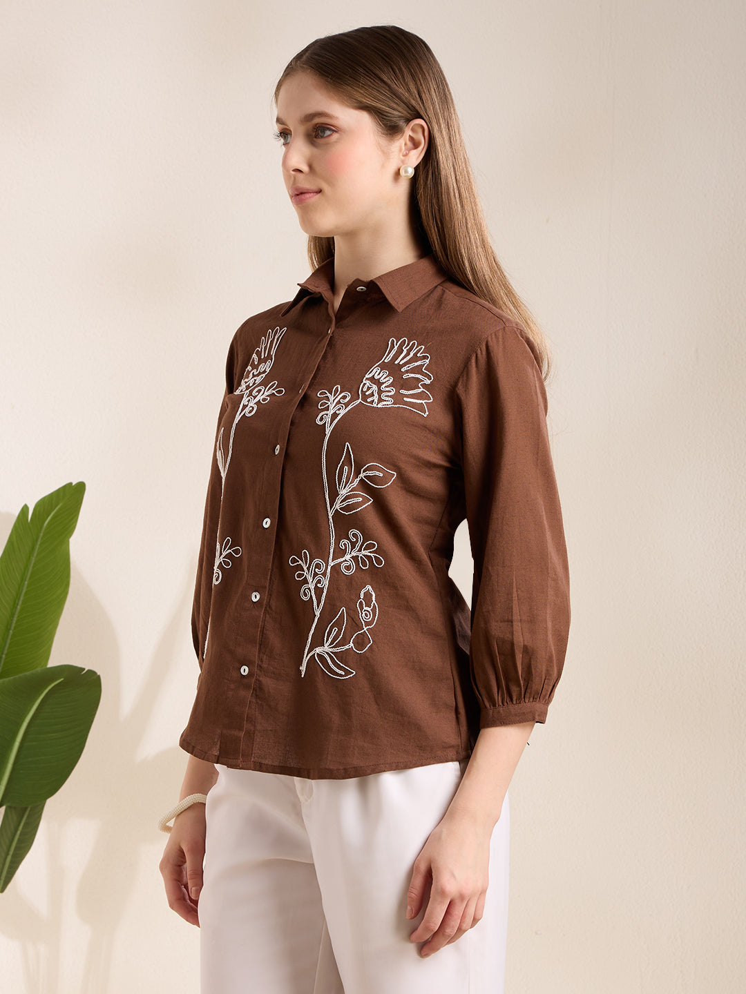 Solid Abstract Floral Straight Fit Shirt - Brown