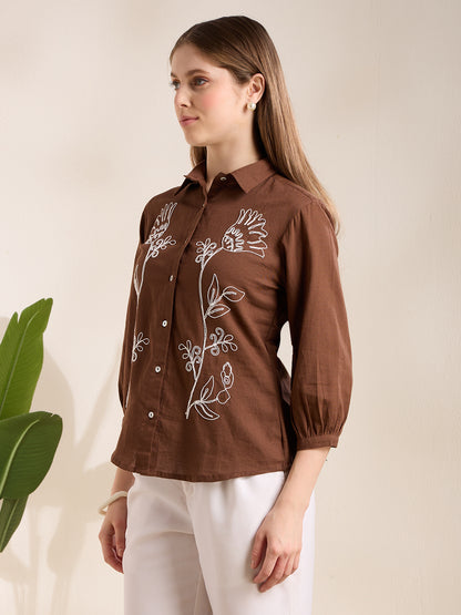 Solid Abstract Floral Straight Fit Shirt - Brown