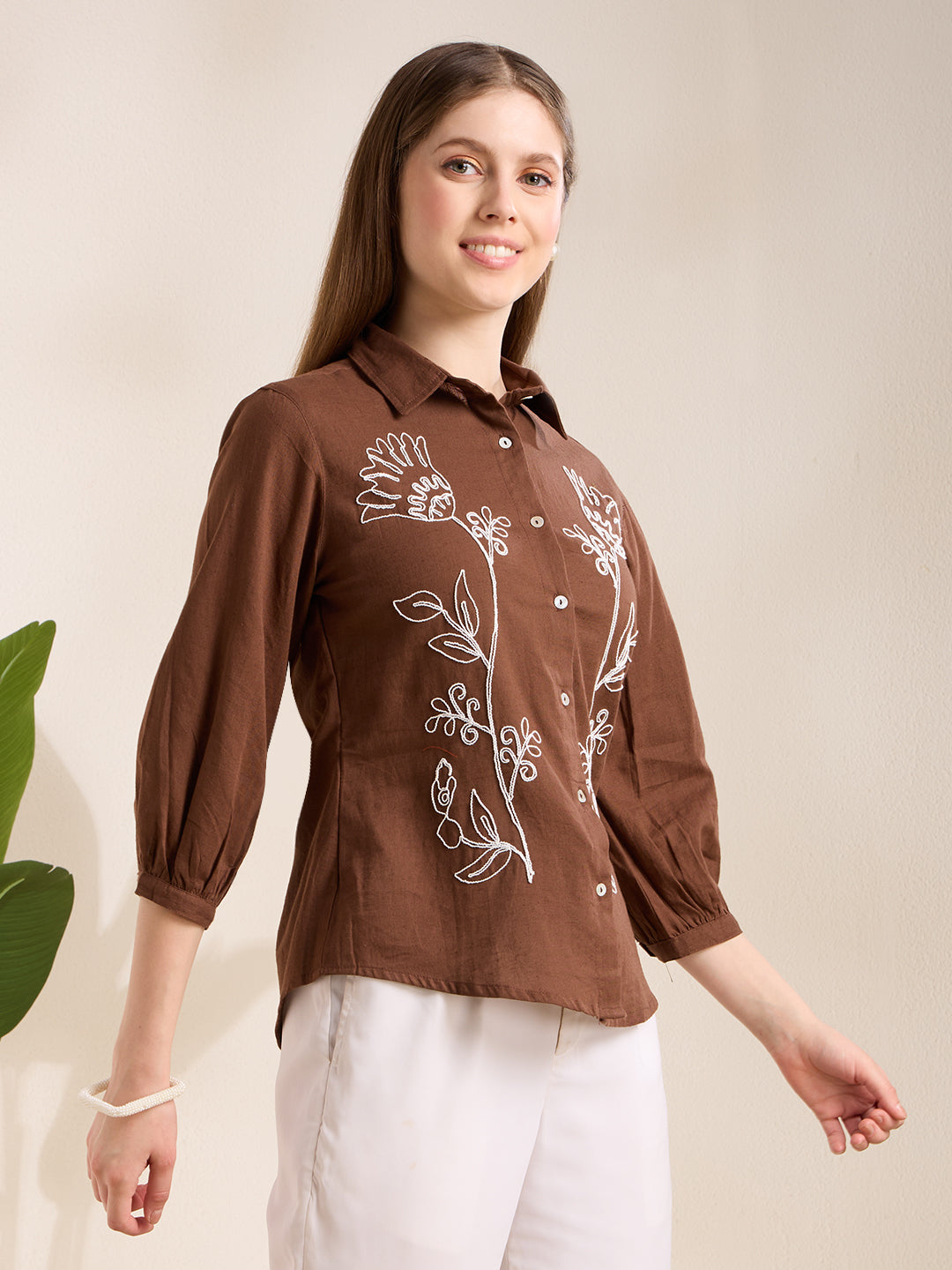 Solid Abstract Floral Straight Fit Shirt - Brown