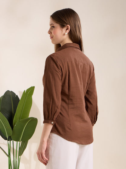 Solid Abstract Floral Straight Fit Shirt - Brown