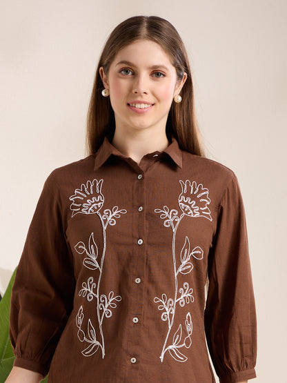 Solid Abstract Floral Straight Fit Shirt - Brown