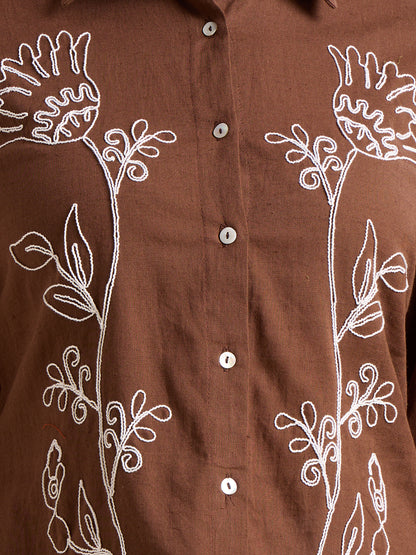 Solid Abstract Floral Straight Fit Shirt - Brown