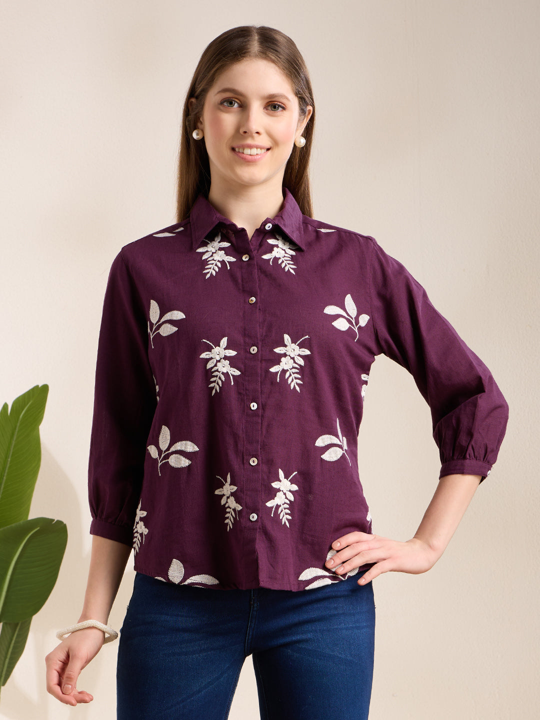 Solid Abstract Floral Straight Fit Shirt - Purple