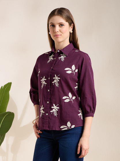 Solid Abstract Floral Straight Fit Shirt - Purple