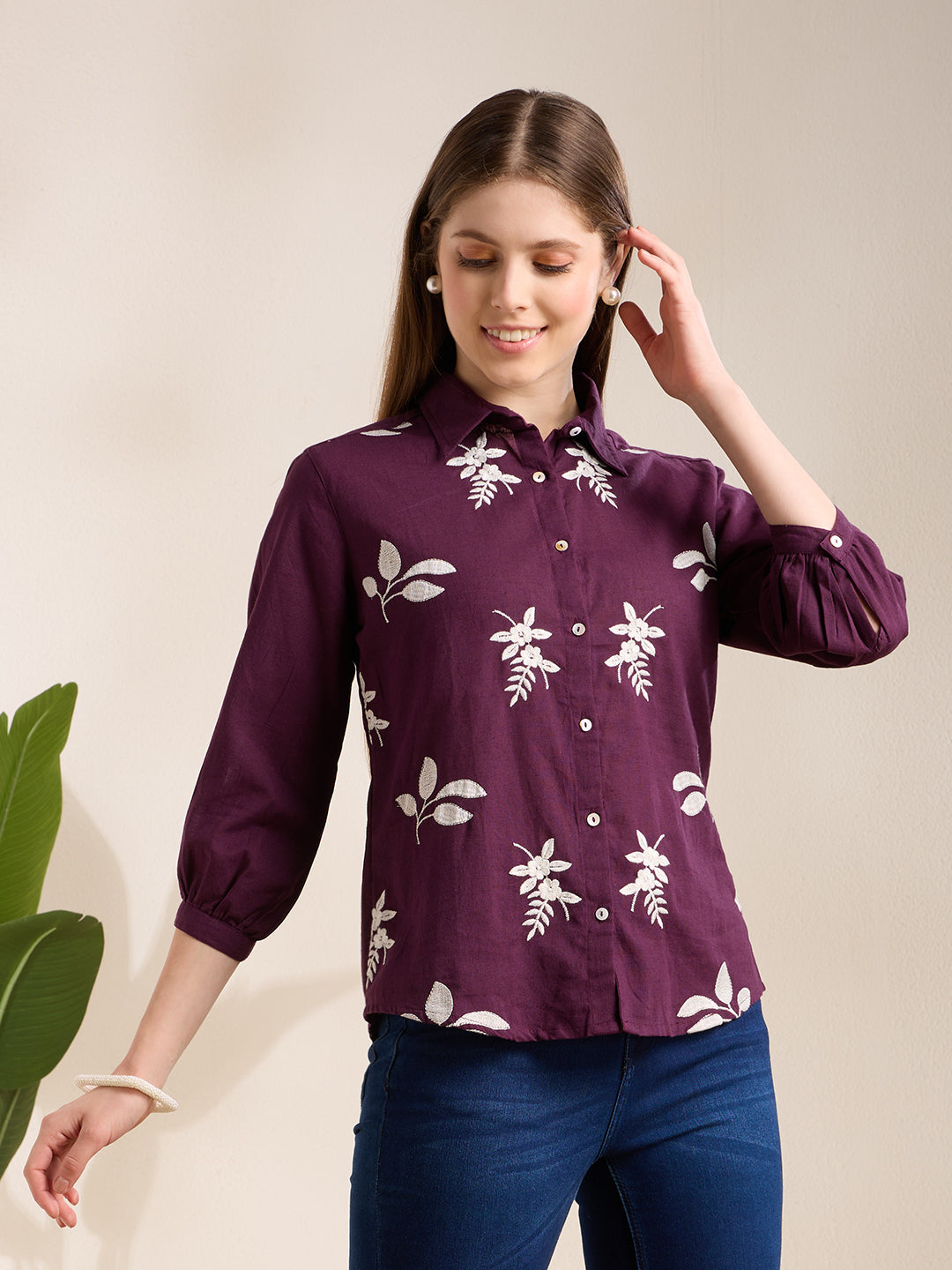Solid Abstract Floral Straight Fit Shirt - Purple