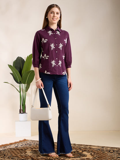 Solid Abstract Floral Straight Fit Shirt - Purple