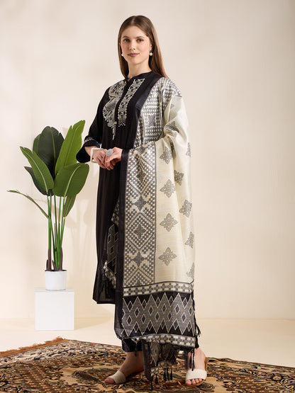 Solid Ethnic Embodied Straight Kurta with Pant & Dupatta - Black