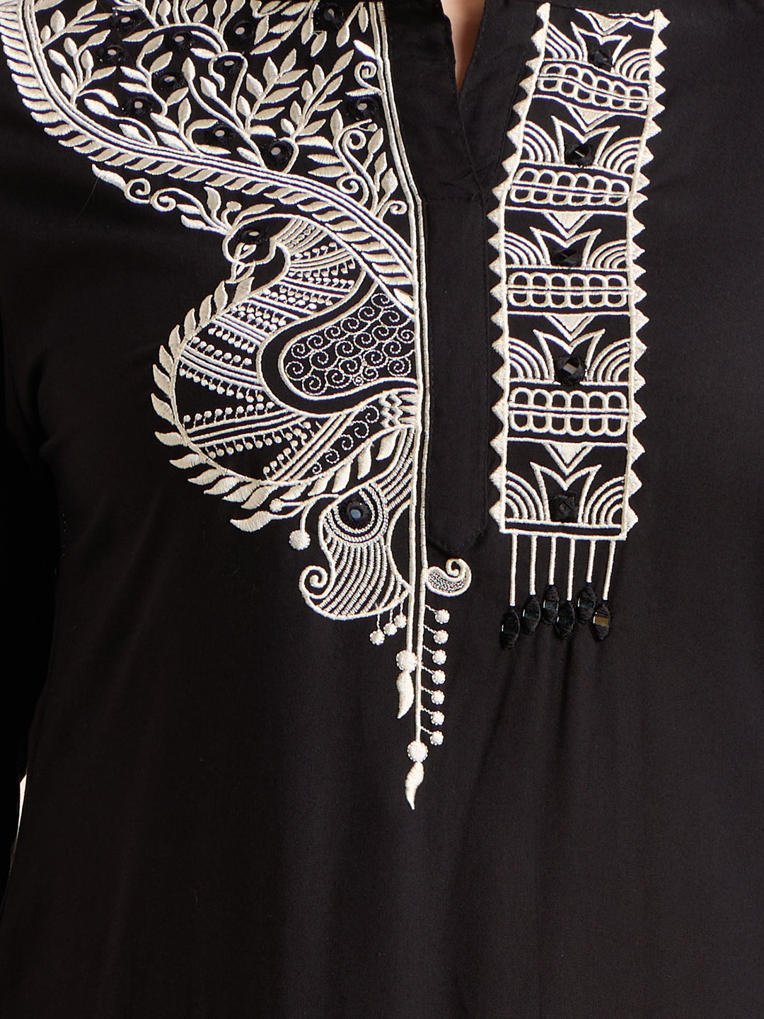 Solid Ethnic Embodied Straight Kurta with Pant & Dupatta - Black