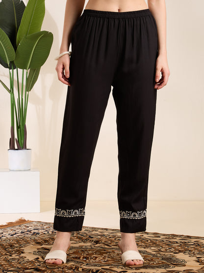 Solid Ethnic Embodied Straight Kurta with Pant & Dupatta - Black