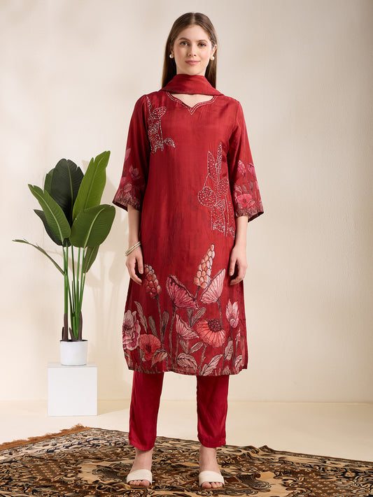 Ethnic Printed & Embroidered Straight Kurta with Pant & Dupatta - Maroon