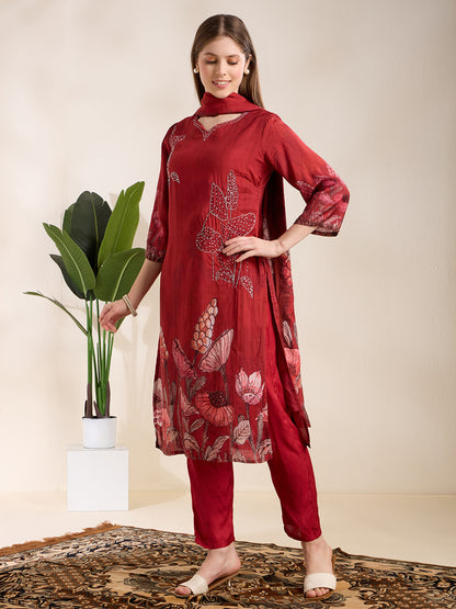 Ethnic Printed & Embroidered Straight Kurta with Pant & Dupatta - Maroon