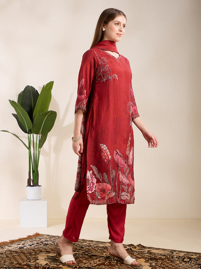 Ethnic Printed & Embroidered Straight Kurta with Pant & Dupatta - Maroon