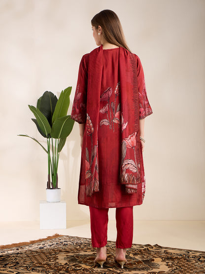 Ethnic Printed & Embroidered Straight Kurta with Pant & Dupatta - Maroon
