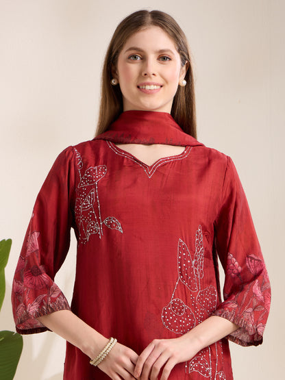 Ethnic Printed & Embroidered Straight Kurta with Pant & Dupatta - Maroon
