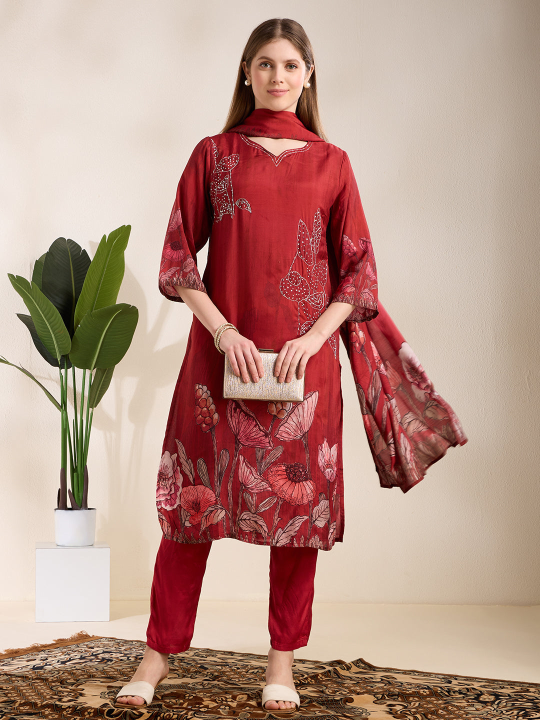 Ethnic Printed & Embroidered Straight Kurta with Pant & Dupatta - Maroon