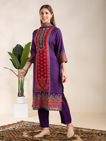 Ethnic Printed & Embroidered Straight Kurta with Pant & Dupatta - Purple
